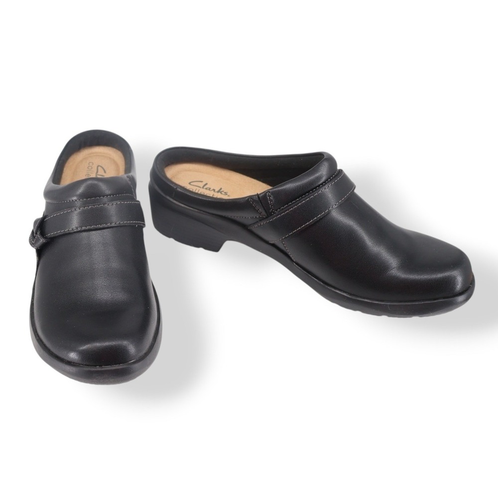 Clarks Collection Angie Mist Black Leather Clog Mules 6.5 M Slip On Block Heel